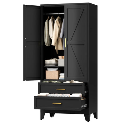 LCAOPC 71" Tall Metal Wardrobe Cabinet with 2 Drawers and Hanging Rod, 2 Doors Armoire Wardrobe Closet with Shelf for Bedroom, Office, Laundry Room, Black
