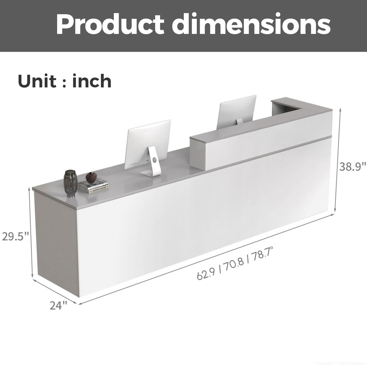 Nuipesn L Shape Reception Desk with Counter, Modern Front Desk Reception Counter with Keyboard Tray, Lockable Drawer and Storage Shelves for Office, Retail, Salon(White+Gray/Left, 63" L*24" W*39" H) Nuipesn
