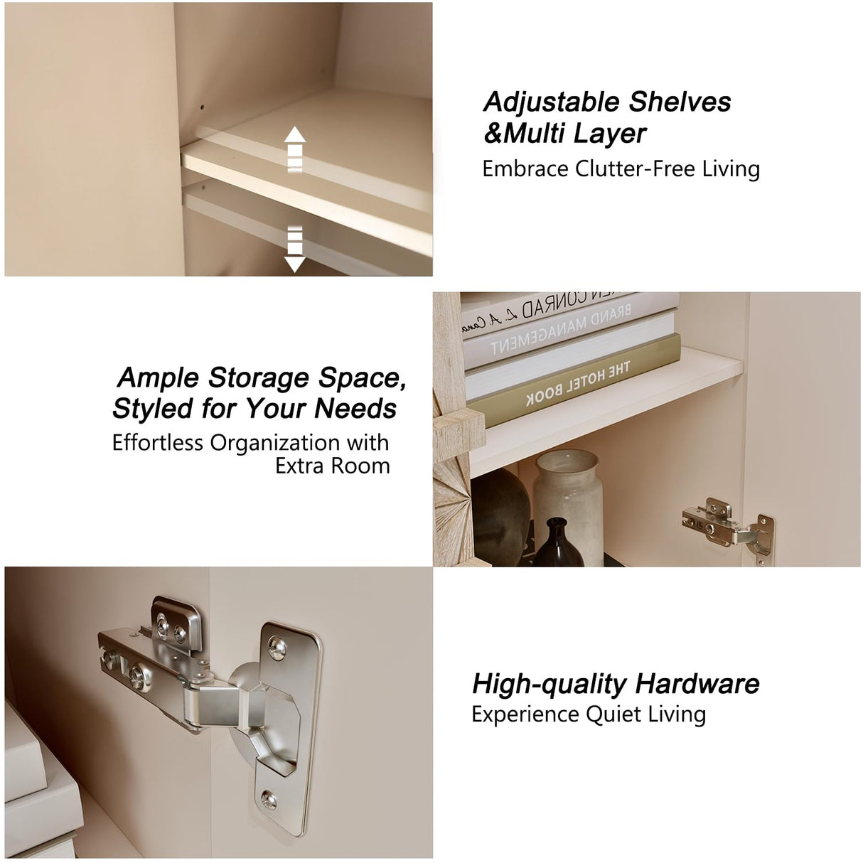 60 Inch Large Sideboard Buffet Cabinet with Storage, Sunburst 4 Door Wooden Accent Cabinet for Living Room Entryway, Mid Century Modern Console, Farmhouse Kitchen Table, Antique Natural Finish ZZKBTOPXY