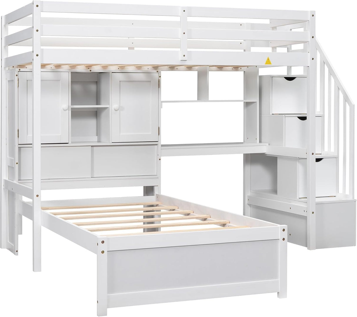 Virubi Twin Over Twin L-Shaped Bunk Bed with Desk and Storage Staircase, Wood L-Shaped Loft Bed with Desk and Storage Bookcase Shelves for Kids Boys Girls (White) Virubi