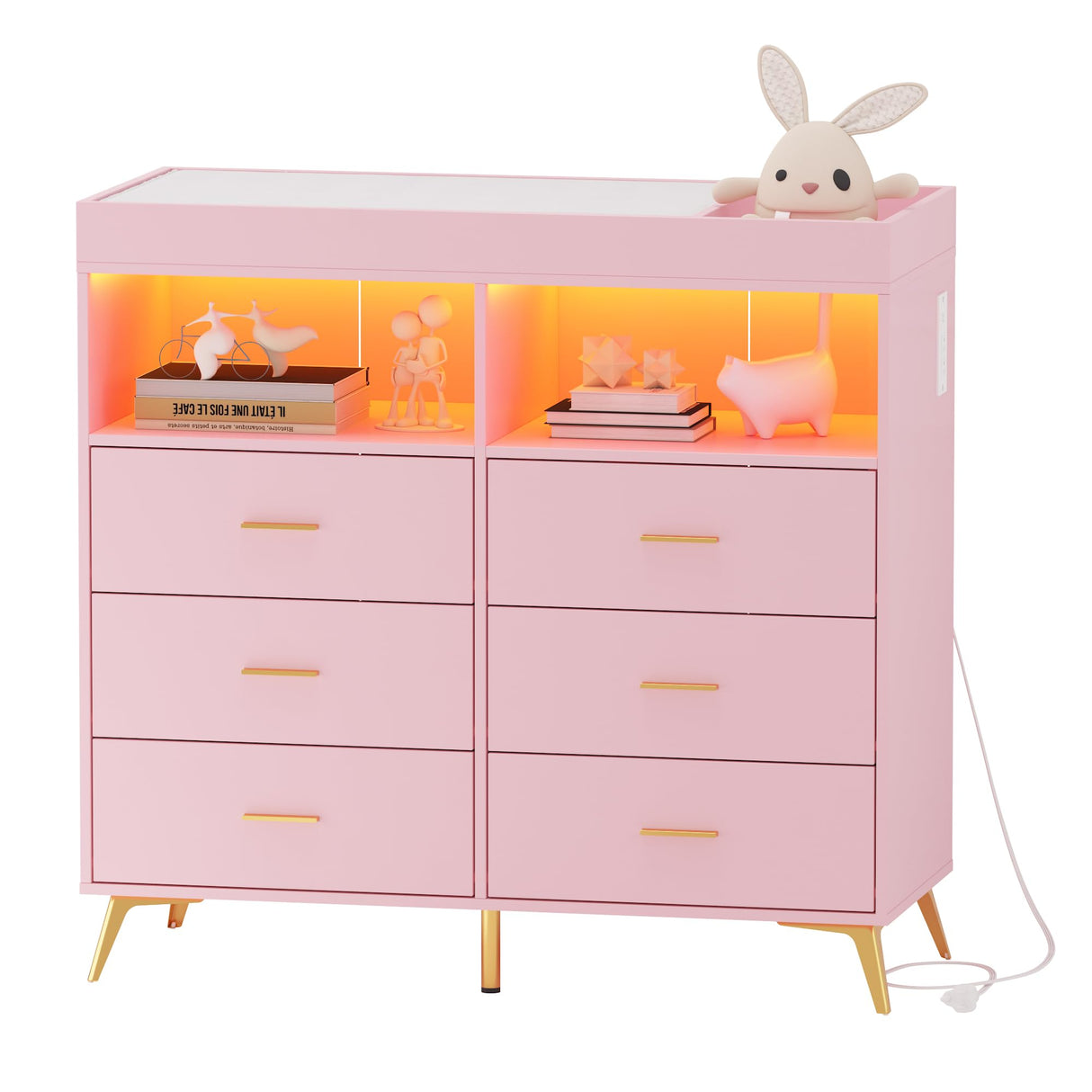 Babevy Changing Table Dresser with Drawers, Baby Dresser with Changing Table Top, Power Outlet, LED Light & Metal Feet, Diaper Changing Station Nursery Organizer for Infants Newborn, Pink Babevy