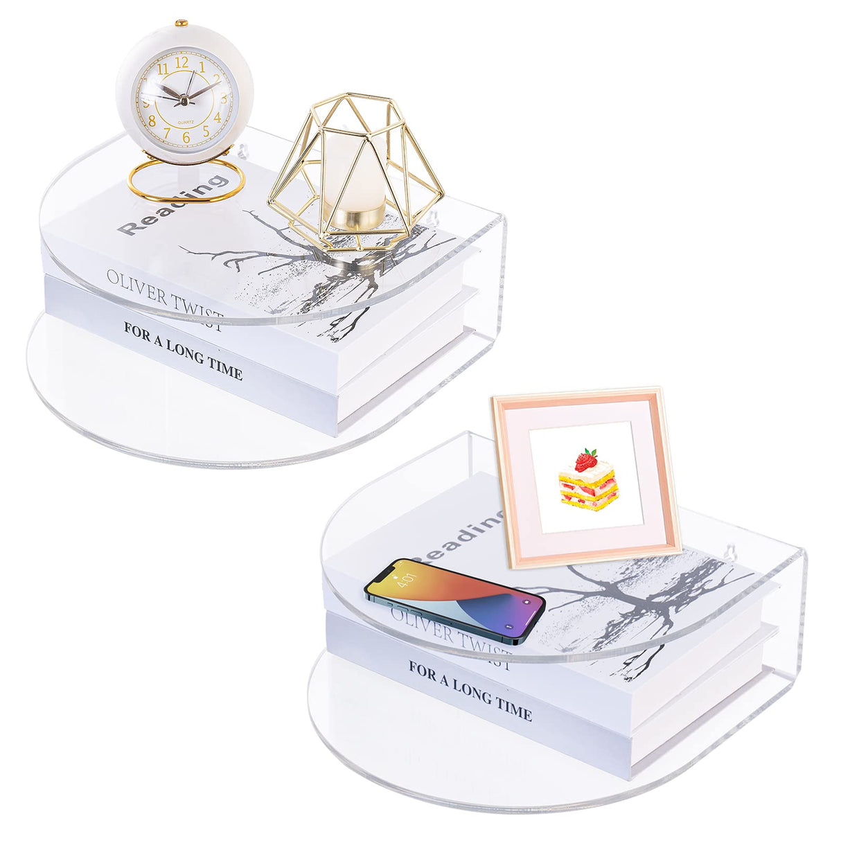 HMYHUM Acrylic Floating Nightstand Set of 2, Wall Mounted Bedside Table for Bedroom, Hanging, 8 lbs Load, 10.5" L x 10 "W x 4" H, Clear HMYHUM