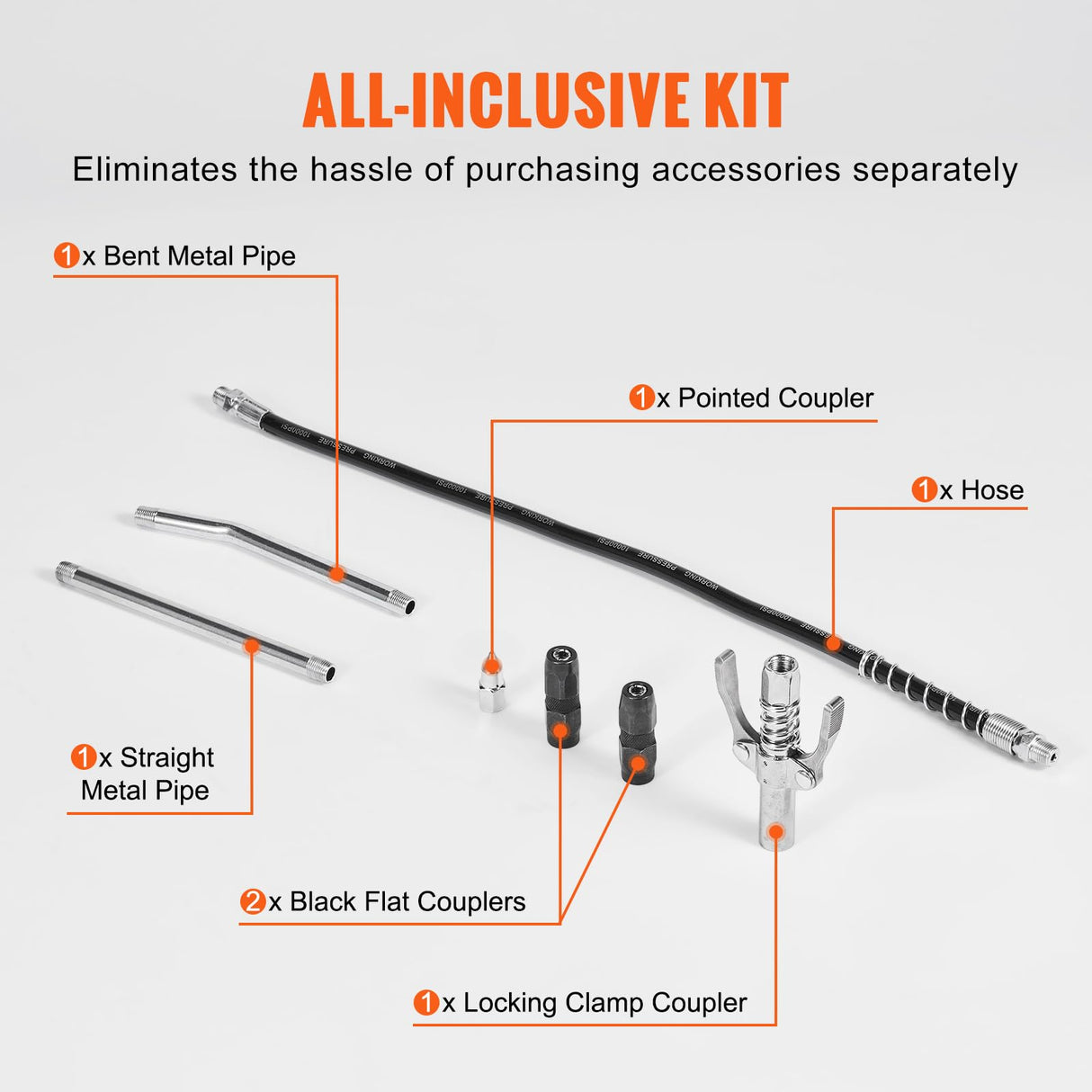 VEVOR Grease Gun, 6000PSI Air Operated Grease Gun, Heavy Duty Pneumatic Grease Gun with 14 oz Load, 18.5 Inch Flexible Hose, 1 Flat Coupler, 1 Pointed and Locking Clamp Coupler, 1 Bent Metal Pipe VEVOR