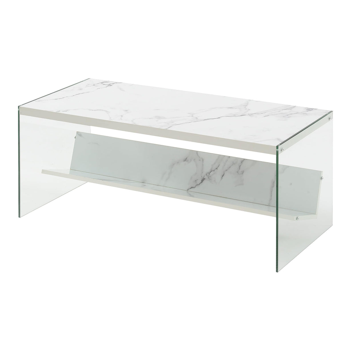 Convenience Concepts SoHo Glass Modern Living Storage Shelf, Contemporary Coffee Table for Family Room, 40", Faux White Marble Convenience Concepts