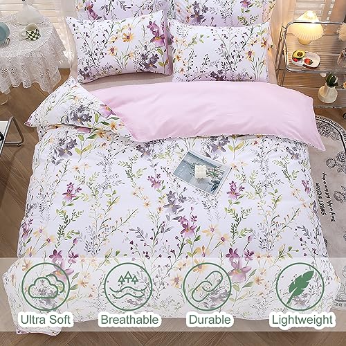 URBONUR Floral Duvet Cover Set Twin Size 3-Pieces Egyptian Cotton Percale Weave Garden Chic Flowers Comforter Bedding Set, Soft and Breathable Duvet Covers with Button Closure URBONUR