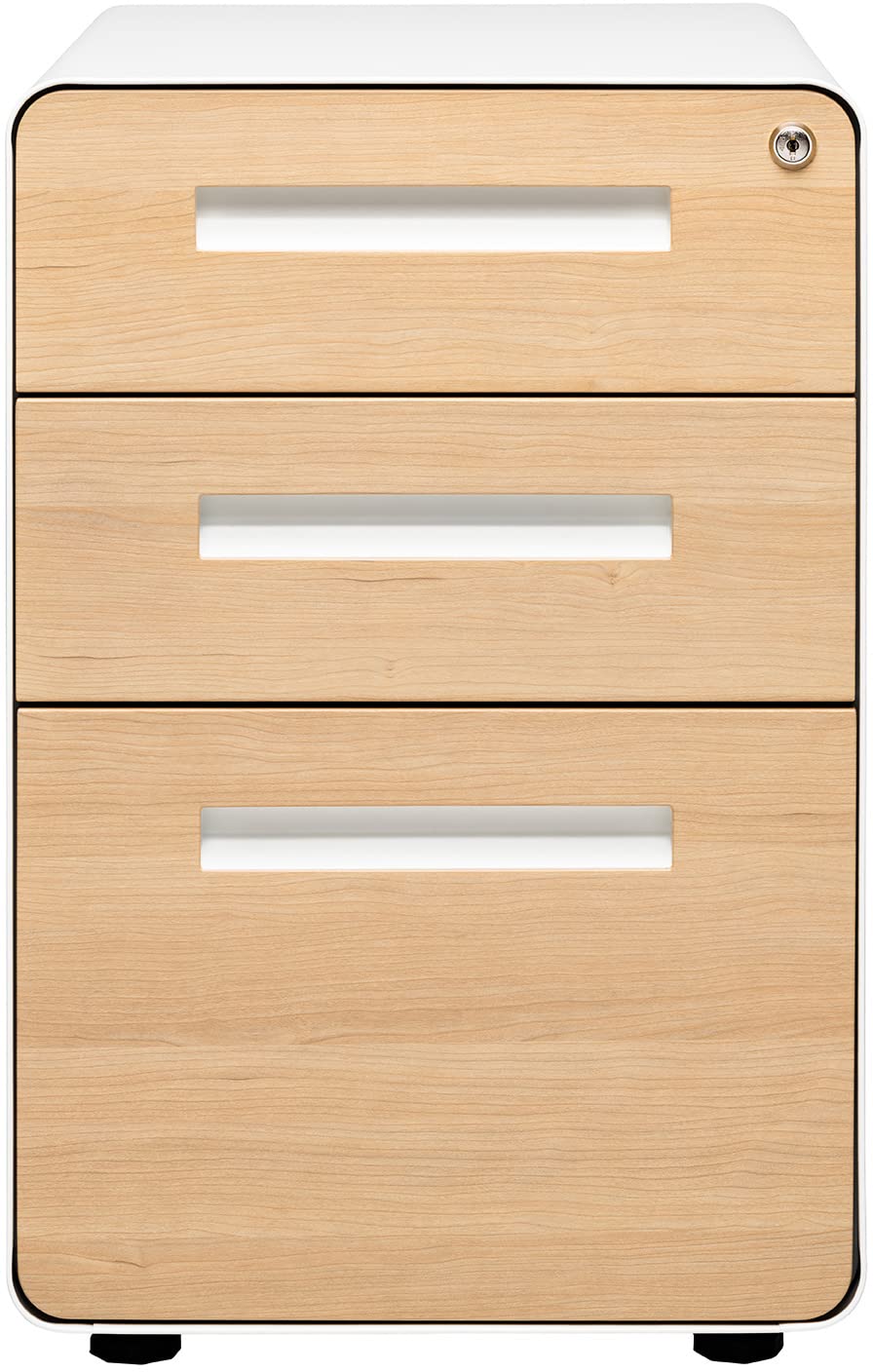 Laura Davidson Furniture Stockpile 3 Drawer File Cabinet with Lock - Under Office Desk Metal Filing Cabinet, Legal/Letter File Folders, Wheels and Stationary Feet, Pre-Assembled, White/Wood Laura Davidson Furniture
