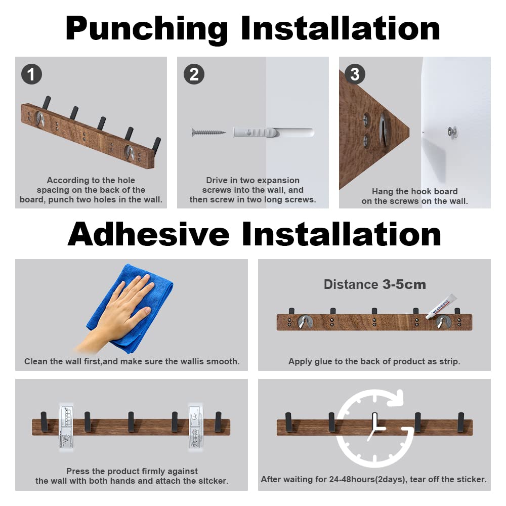 IURRDOP Black Walnut Wood Wall Mount Coat Rack with 5 Hooks, Adhesive Mounted Rustic Decorative Entryway Hooks, Mid Century Modern Natural Wooden Pegs for Hanging Coat Clothes Hat Bag Purse and Towel IURRDOP