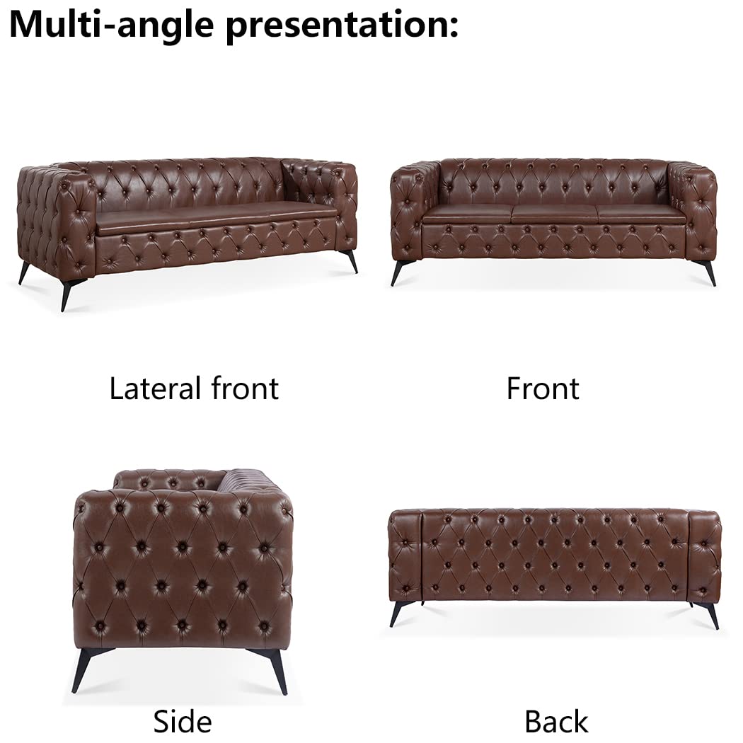 84" Chesterfield Couch PU Leather, Traditional Square Arm Removable Cushion 3 Seater Sofa, Tufted Button Trim with Iron Legs for Living Room Office (Dark Brown) Yuxuanhang