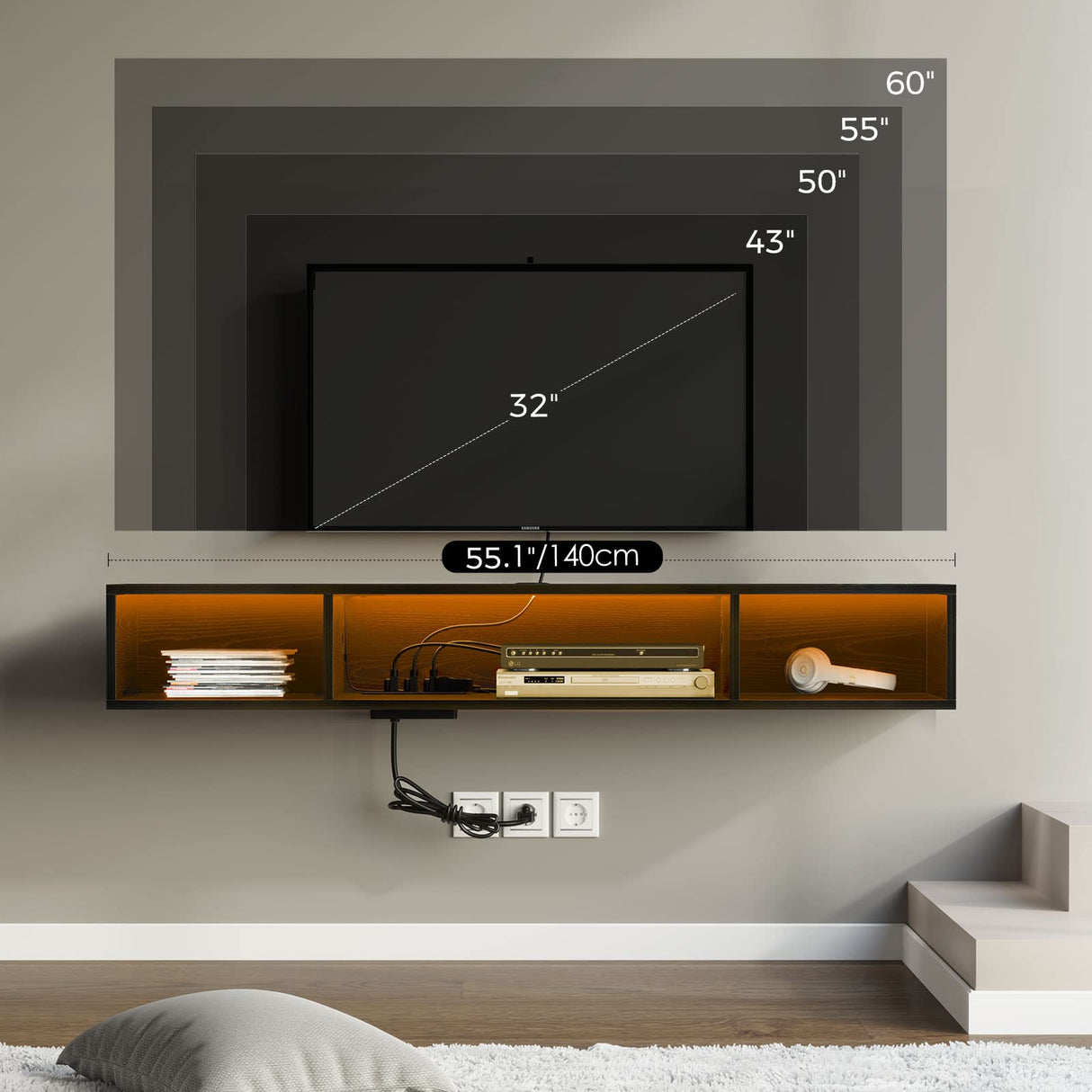 Rolanstar TV Stand with Power Outlet, Floating TV Stand with RGB Lights, 55.1" Wall Mounted TV Shelf, Black Media Console with Storage Shelf, Entertainment Under TV for Living Room, Bedroom Rolanstar