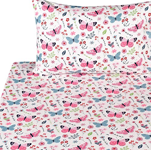 Scientific Sleep Butterfly Pink Flower 100% Cotton Cozy Fun Twin Bed Sheet Set, Flat Sheet & Fitted Sheet & Pillowcase Kids Boys Girls Bedding Set Scientific Sleep