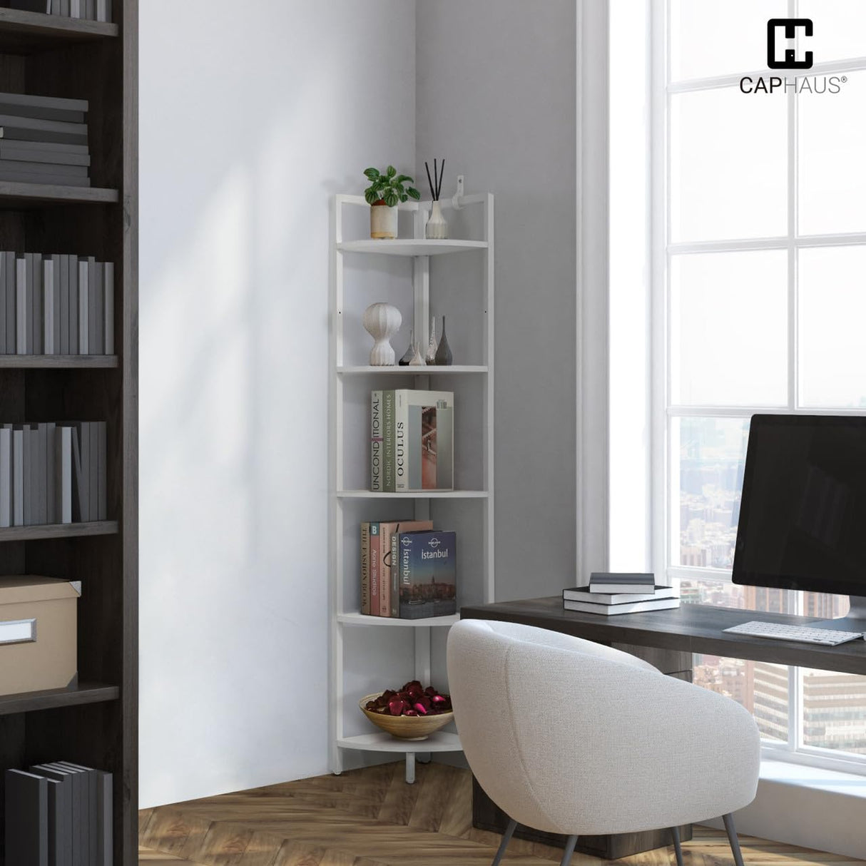 CAPHAUS 5-Tier Corner Shelf, Tall 59.1-Inch White Metal Frame Display Rack, Bookshelf Unit for Bathroom, Living Room, Home, Office CAPHAUS