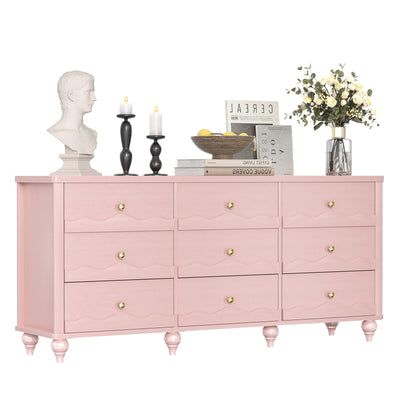 Cyclysio 9 Drawer Dresser, 63" Wide Modern Chest of Drawers TV Stand with Smooth Slides and Rustic Handles, Wood Drawer Organizer for Bedroom Living Room Hallway (Pink)