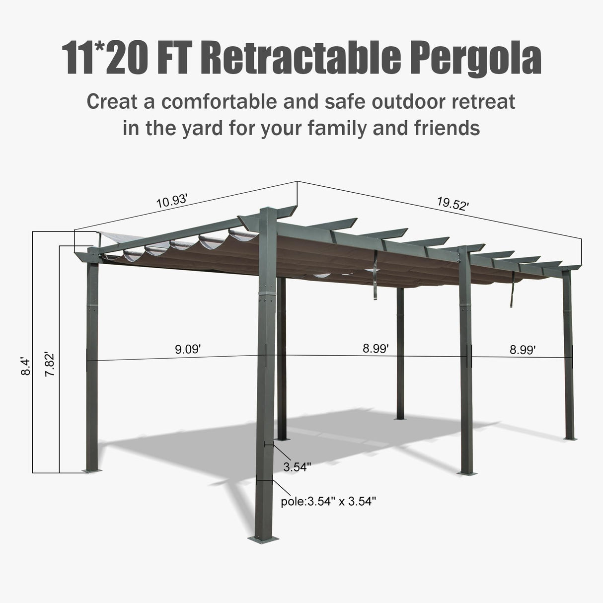 Domi Outdoor Living 11' X 20' Outdoor Pergola with Retractable Canopy Aluminum Shelter Sun Shade Grape Trellis for Patio, Backyard and Lawn, Gray domi outdoor living