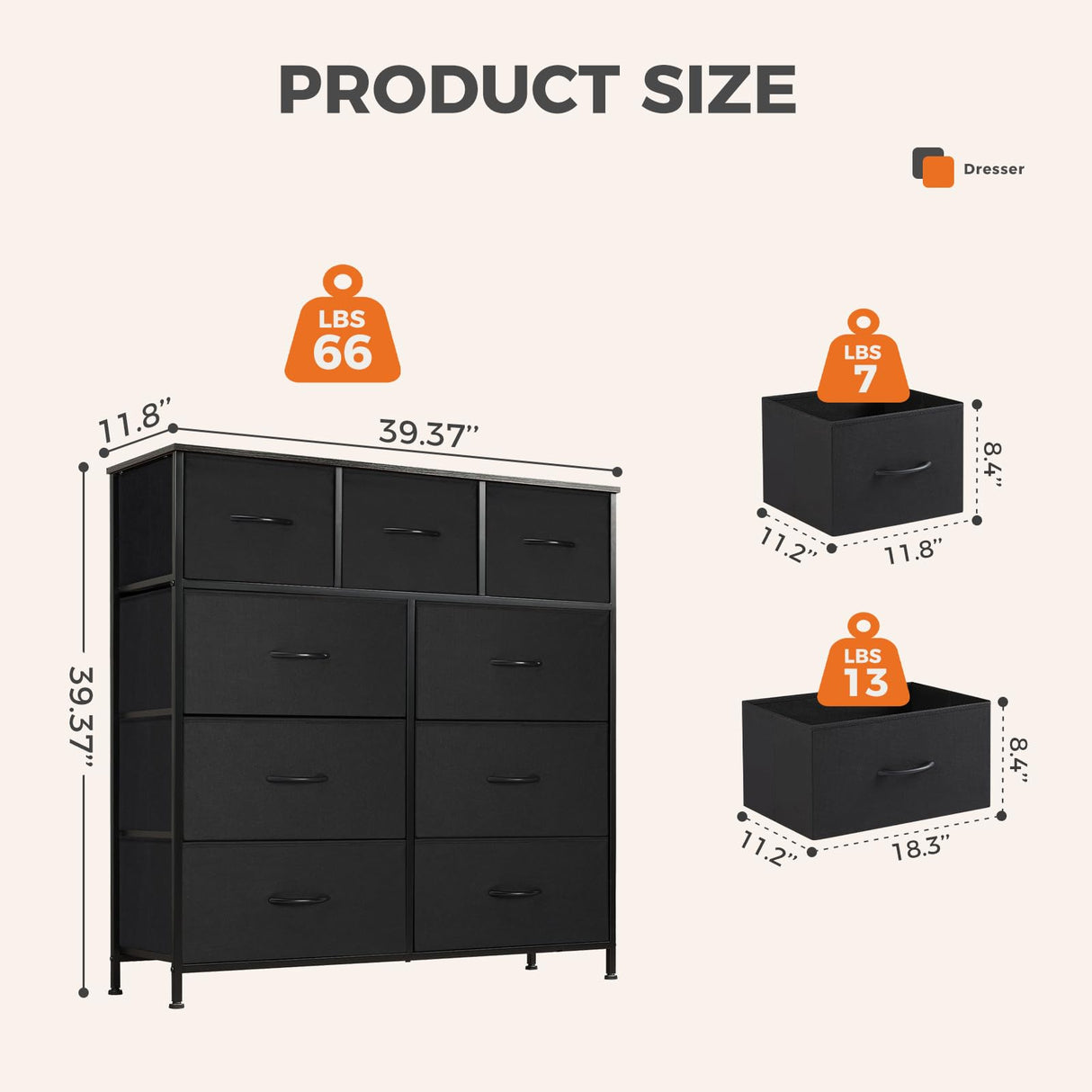Sweetcrispy Dresser for Bedroom with 9 Storage Drawers, Tall Large Fabric Storage Tower Organizer, Chest of Drawers with Metal Frame Wooden Top for Nursery, Closet, Living Room, Entryway, Black Sweetcrispy