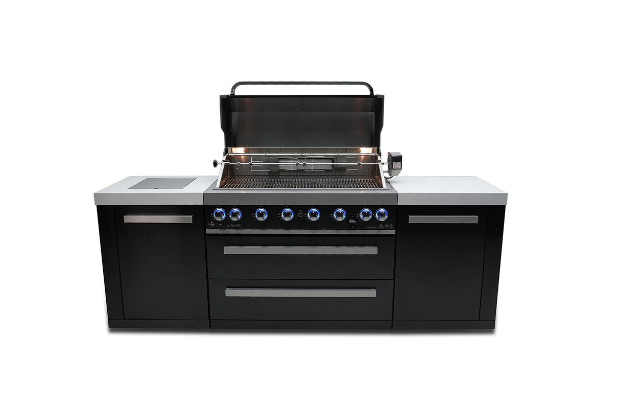 Mont Alpi MAi805-BSS 44-inch 6-Burner 115000 BTU Deluxe Black Stainless Steel Outdoor Kitchen Gas Island Grill w/Infrared Side Burner & Rotisserie Kit Granite Countertop + Storage & Weather Cover Mont Alpi