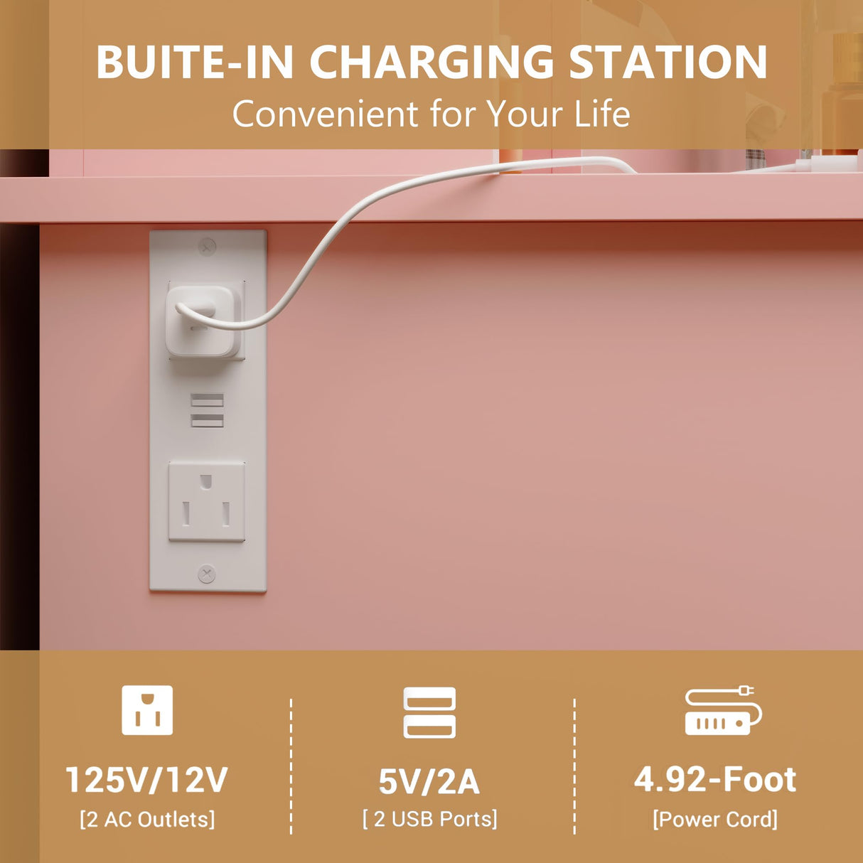 HUANLEGO Vanity Desk with Mirror and Lights,Pink Makeup Vanity with Charging Station & Vanity Stool, 3 Drawers and Cabinets White Vanity Mirror with RGB LED Lights Vanity Desk and Chair for Women HUANLEGO