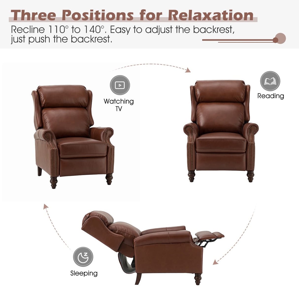 HULALA HOME Genuine Leather Recliner Chair, Traditional Manual Pushback Comfy Seating for Living Room, Thick Cushion & Solid Wood Legs, Wingback Recliner with Nailhead Trim, Brown HULALA HOME