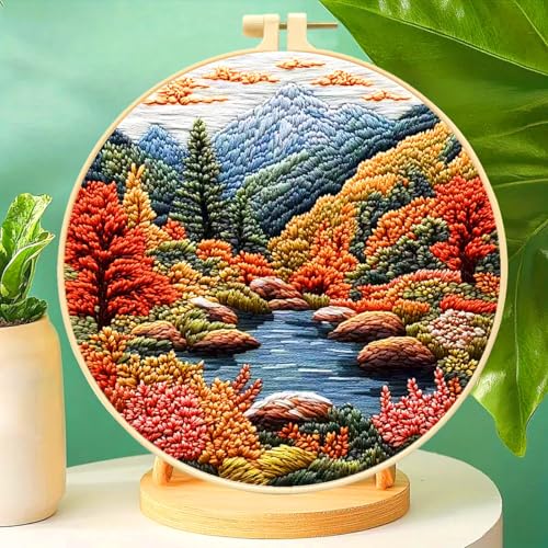 Zhenqing Lake Autumn Forest Embroidery Kit for Beginners, Pre-Printed 29x29cm Circular Cotton Fabric with 20cm Hoop, Fall Lakeside Landscape Design (C0193)
