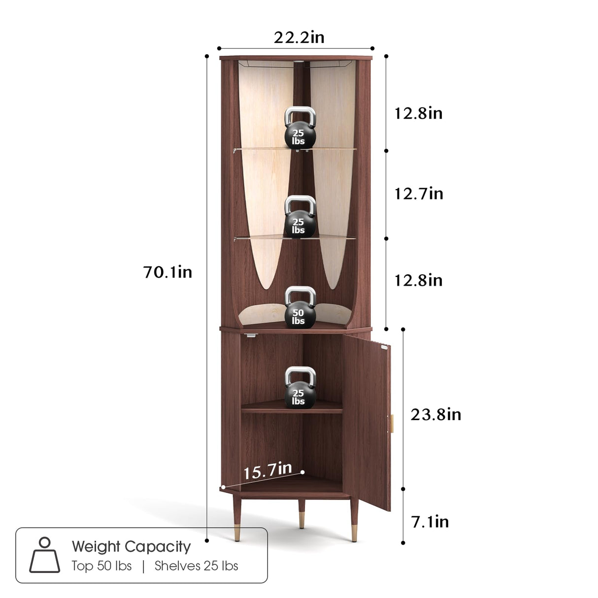 JOINICE,70" Tall Corner Cabinet,Mid Century Modern Storage Cabinet with Glass Shelves,Corner Bar Cabinet with Door & Lighting,Space Saver for Living Room,Bedroom,Dining Room,Kitchen,Walnut JOINICE