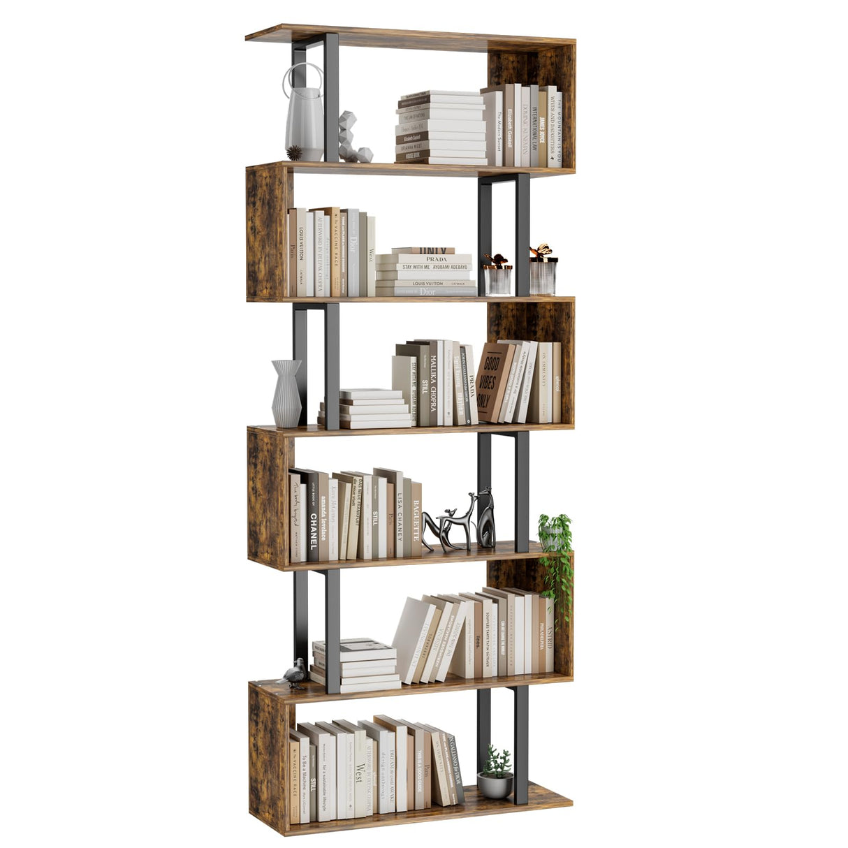 Gadroad 6 Tier Geometric Bookcase,S Shaped Bookshelf, Wood Decorative Storage Shelving, Modern Freestanding Display Shelves, Tall Book Shelf Unit for Living Room Bedroom, Rustic Brown Gadroad