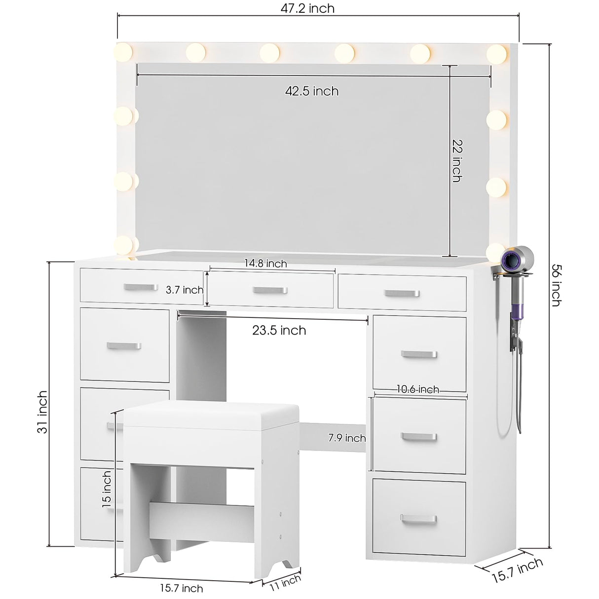 Likein Vanity Desk with Mirror and Lights, 47‘’ Glass Top Vanity with Power Strip, 9 Drawers Makeup Vanity with Lighted Mirror, White Vanity Set with Chair, 3 Lighting Modes Adjustable Brightness Likein