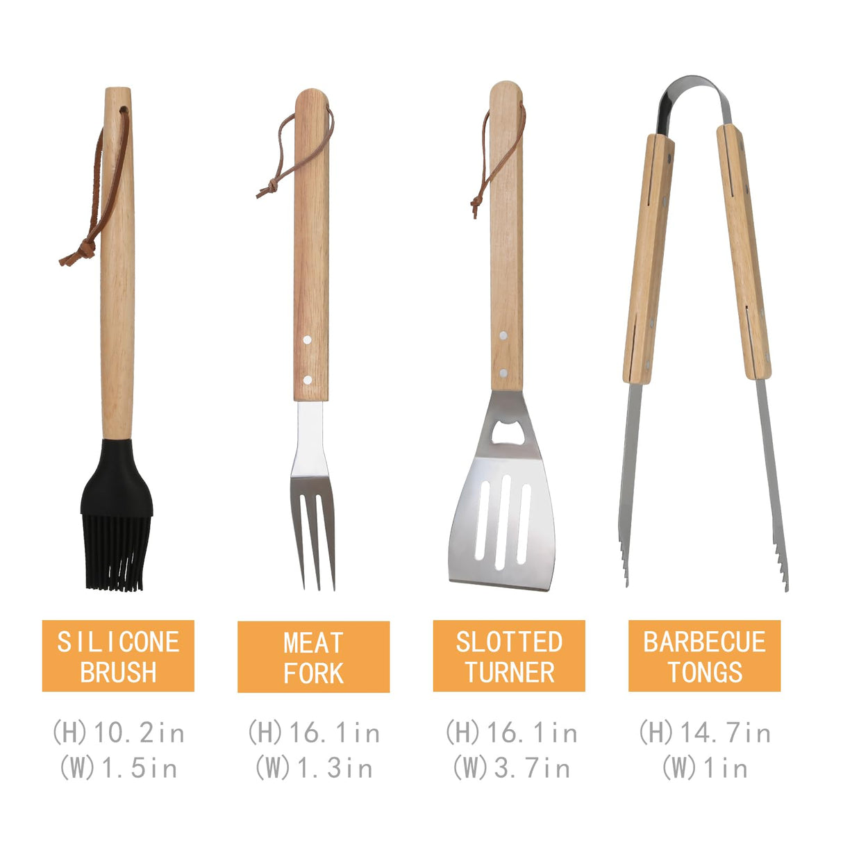 GreatChef Barbecue Grilling Utensils Set of 4, Stainless Steel Tools with Wood Handle, Meat Fork, Slotted Turner, Barbecue Tongs & Silicone Brush, Good BBQ Accessories for Outdoor, Camping & Party GreatChef