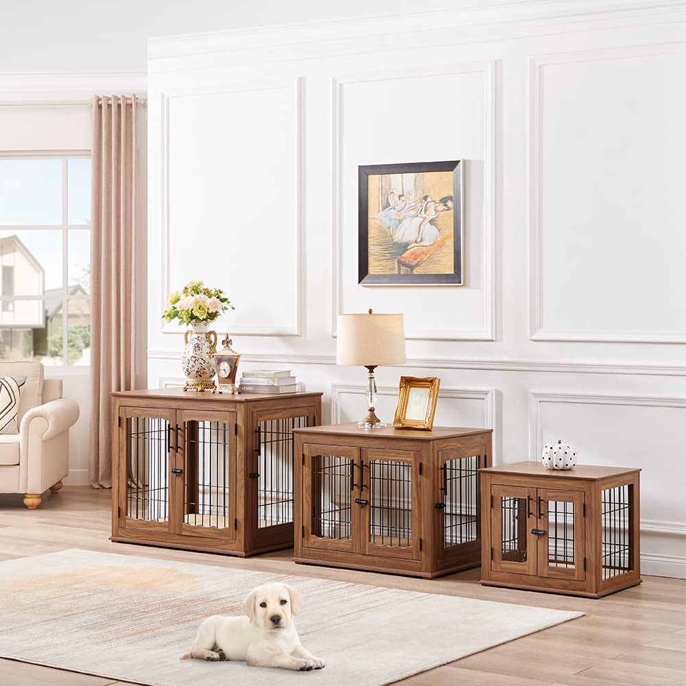 beeNbkks Furniture Style Dog Crate End Table, Double Doors Wooden Wire Dog Kennel with Pet Bed, Decorative Pet Crate Dog House Indoor Medium Large beeNbkks