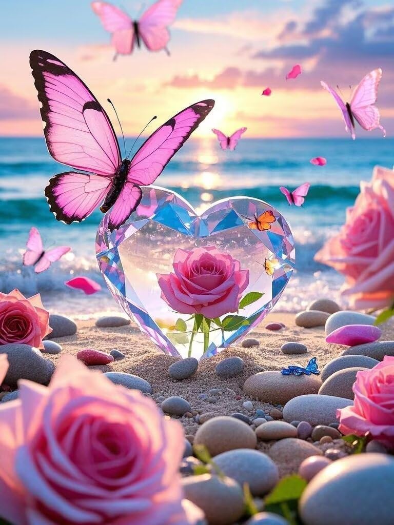 OLMZF Diamond Painting Kits for Adults, 5D Love Butterfly Diamond Art Kits for Beginners, Rose Beach DIY Full Drill Paint with Diamond, Home Wall Decor 8x12 inch OLMZF