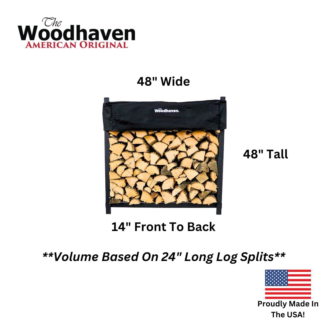 Woodhaven Black 4 Foot - Heavy Duty Made In USA - Indoor Outdoor - 1/4 Cord Firewood Storage Log Rack With Seasoning Cover Combo Set - Metal Log Storage - 48” x 48” Woodhaven