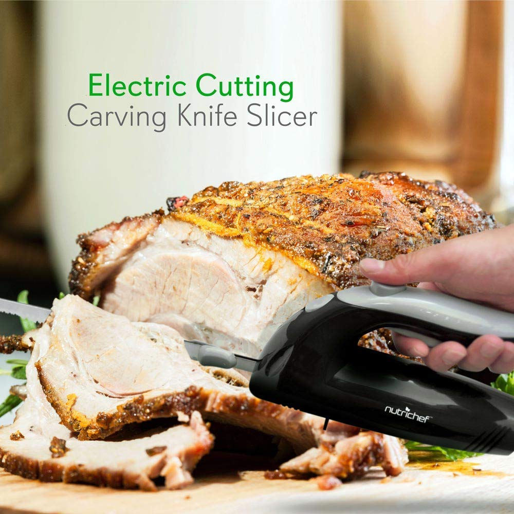 NutriChef Upgraded Premium Electric Knife-8.9' Carving Knife,Serrated Blades,Lightweight,Ergonomic Design Easy Grip,Easy Blade Removal,Great For Thanksgiving,Meat&Cheese,Black NutriChef