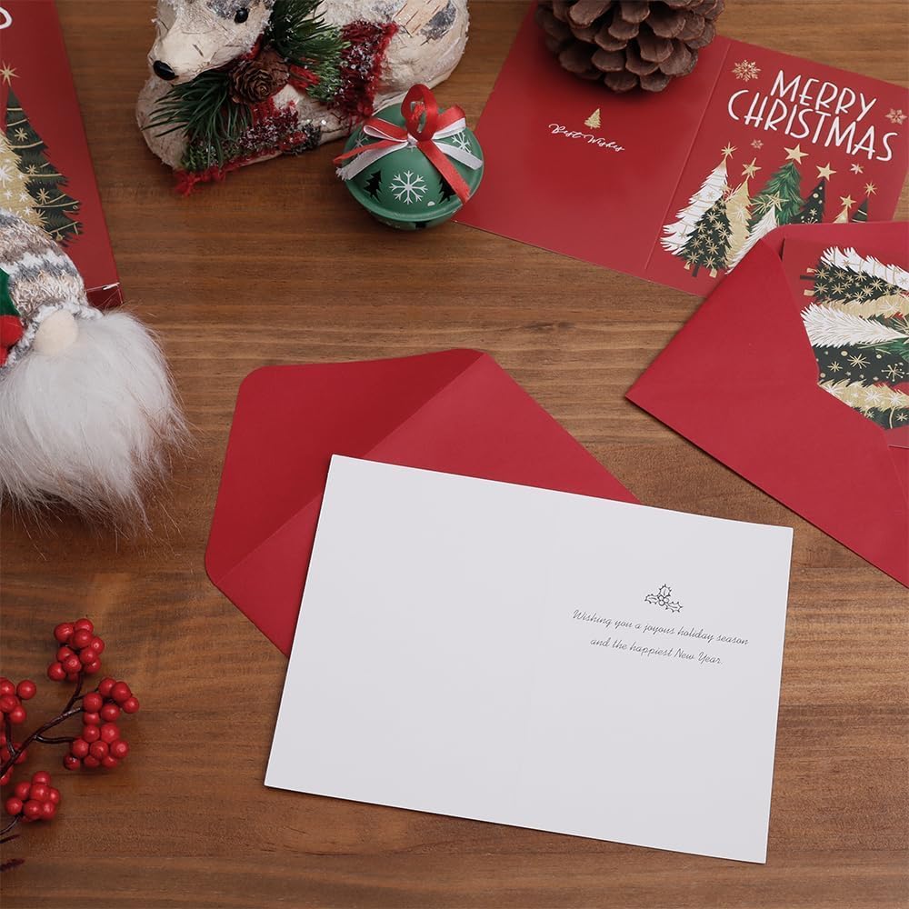 GEEORY Boxed Christmas Tree Cards,4" x 6",Red and Gold Snowflake Holiday Greeting Cards (24 Cards with Envelopes) GEEORY
