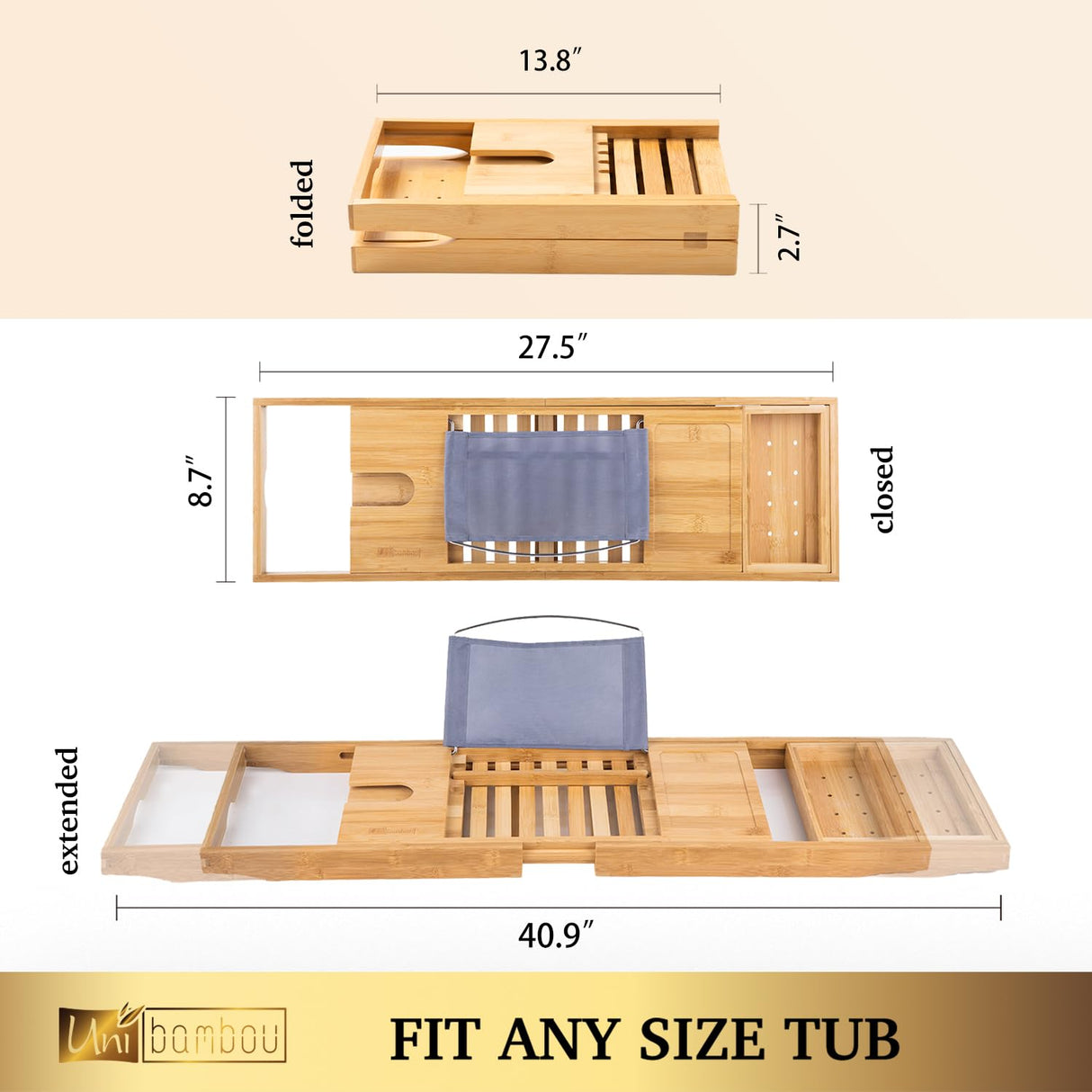 Bamboo Bathtub Caddy Tray for Luxury Bath, Expandable Bath Tray for Tub with Book and Wine Holder- Gift Idea for Loved Ones Unibambou