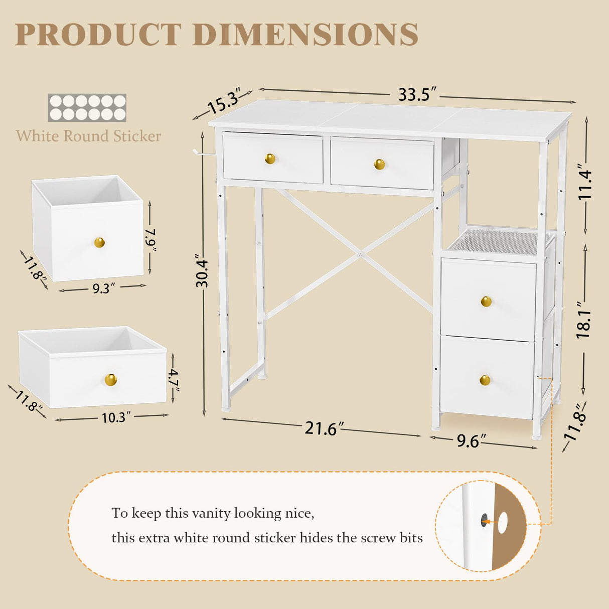3IngSeagulls White Vanity Desk Without Mirror, Small Makeup Desk with 4 Fabric Drawers, 33.5 Inches Dressing Table with Storage, Vanity Table for Bedroom with Hook, White 3IngSeagulls