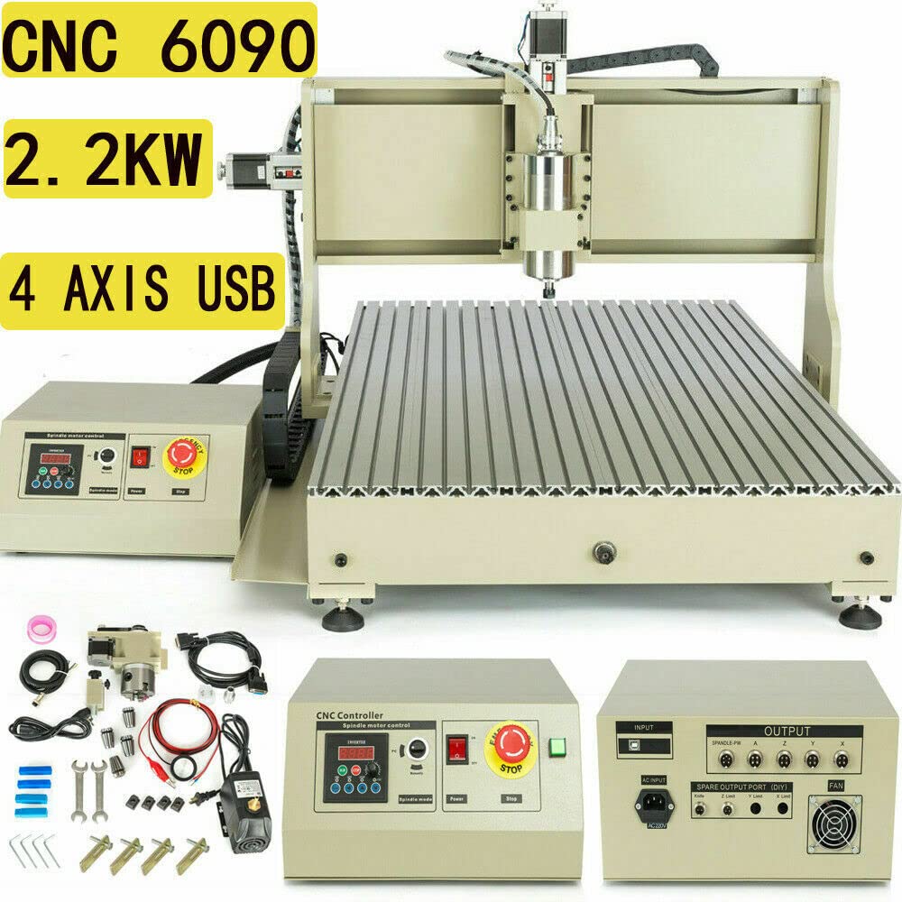 4 Axis Router Engraver USB CNC 6090, 2.2KW Engraver Milling Drilling Machine 3D Spindle Carving Drilling Machine For Wood Working Cutting Mill W/Remote Controller DENEST