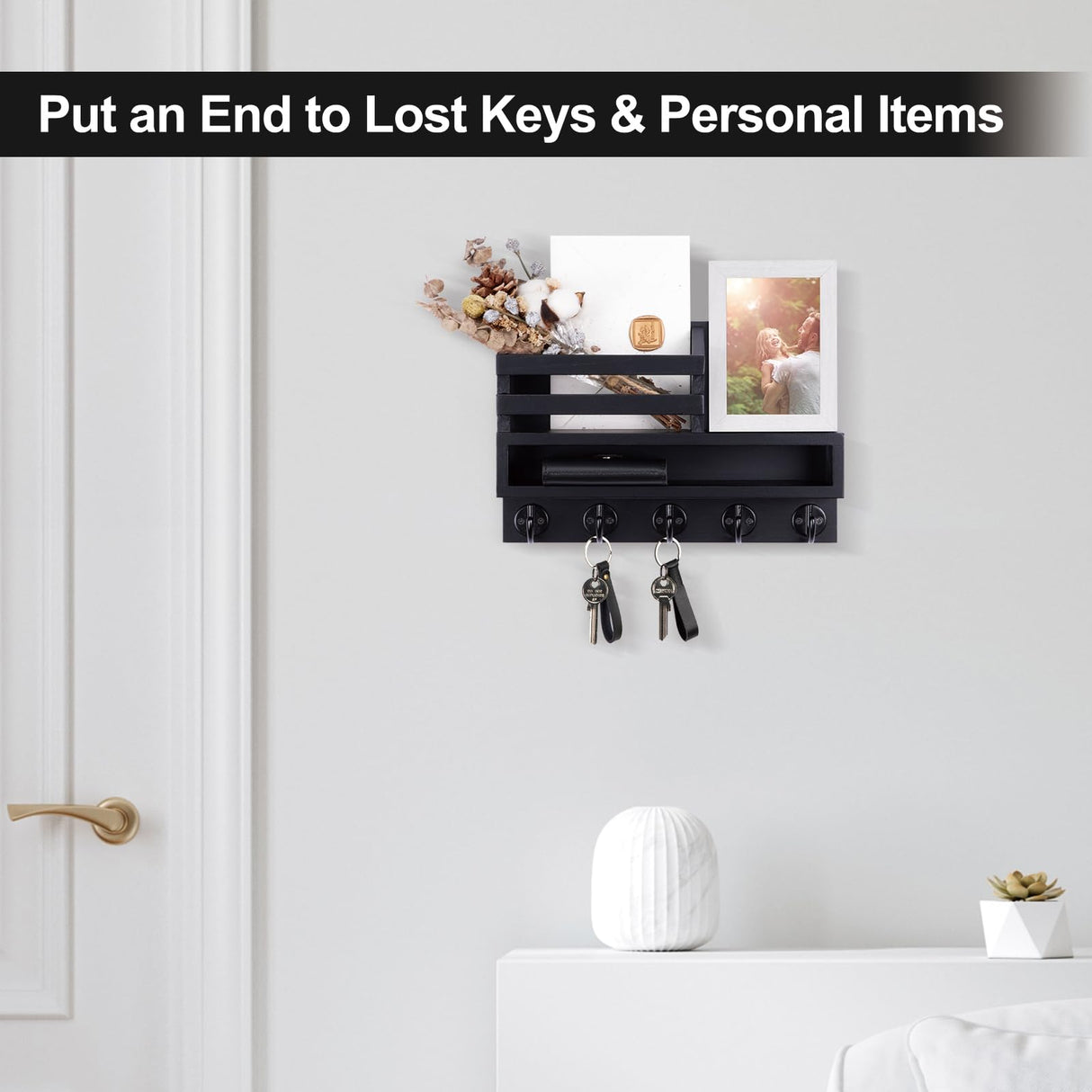 Lucundm Key and Mail Holder Wall Mount, Key Hanger with Long Storage Box and 5 Hooks for Coat, Dog Leash, Home Decor Rack, House Accessories, Entry Way Organizer 11.8”W x 7.8”H x 3.2”D Lucundm
