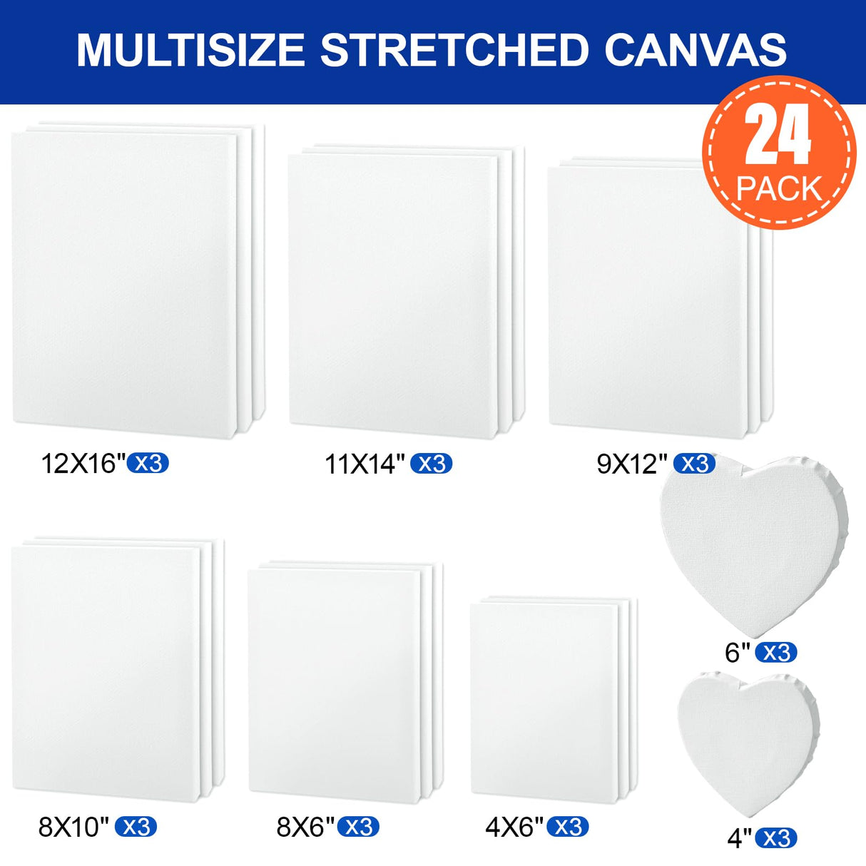 Heart Canvas for Painting, 24 Pack Art Stretched Painting Canvas, 100% Cotton Painting Canvas Supplies with 12 Ounce Triple Primed Acid-Free for Acrylics, Oils & Other Painting Media FROM ONE