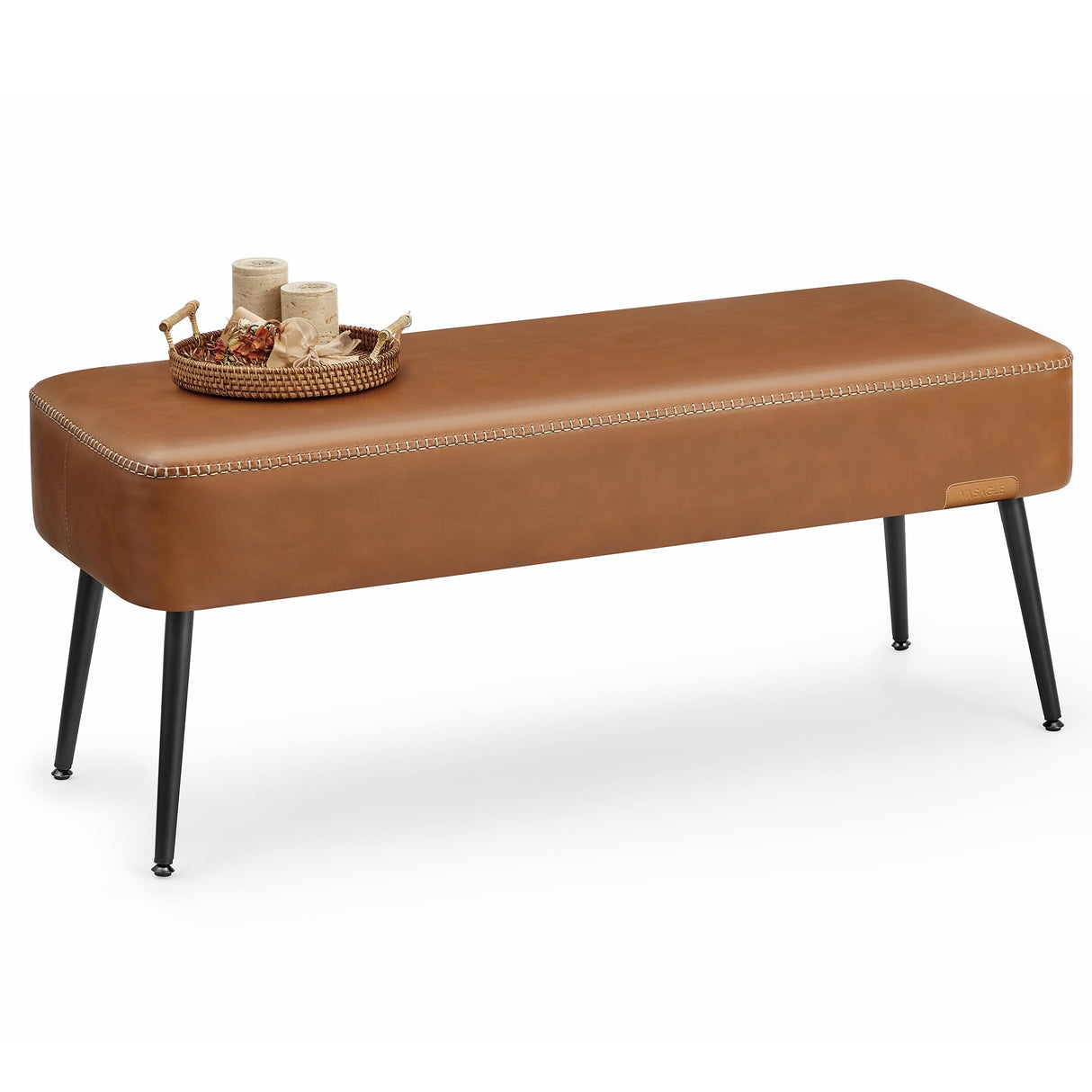 VASAGLE EKHO Collection - Bench for Entryway Bedroom, Synthetic Leather with Stitching, Ottoman Bench with Steel Legs, Living Dining Room, Mid-Century Modern, Loads 660 lb, Caramel Brown ULOM076K01 VASAGLE