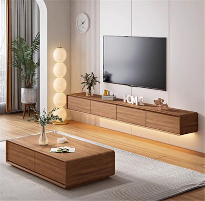 NIUYAO Floating TV Stand Modern Wood Wall Mounted Cable Management Entertainment Center with 2 Drawer 2 Cabinet Media Console Floating Storage Cabinet -Brown 94.5" L x 9.5" W x 8" H