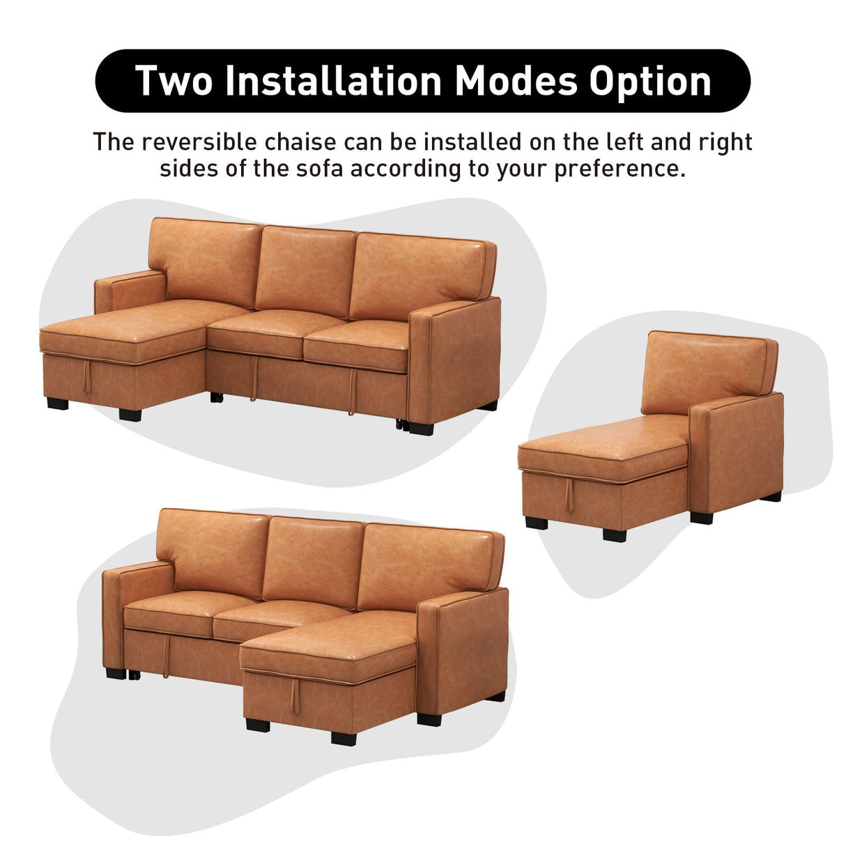 EBELLO Convertible Sleeper Sofa 3 in 1, Faux Leather Modern L-Shaped Couches for Living Room, Pull Out Sectional Futon Sofa Bed with Storage Space, USB Ports and Cup Holders for Bedroom, Brown EBELLO