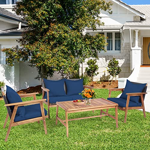 Tangkula 4-Piece Patio Furniture Set, Outdoor Acacia Wood Conversation Set with Cushions and Coffee Table, Outdoor PE Wicker Sectional Sofa Set for Garden, Poolside and Backyard (1, Navy) Tangkula