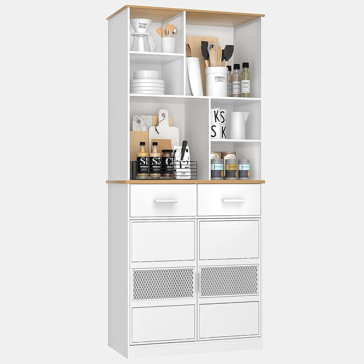 VECELO 72" Tall Kitchen Pantry Storage Cabinet with Doors & Shelves & 2 Drawers Freestanding Buffet Hutch with | Microwave Stand | Cupboard for Dining Room, White VECELO