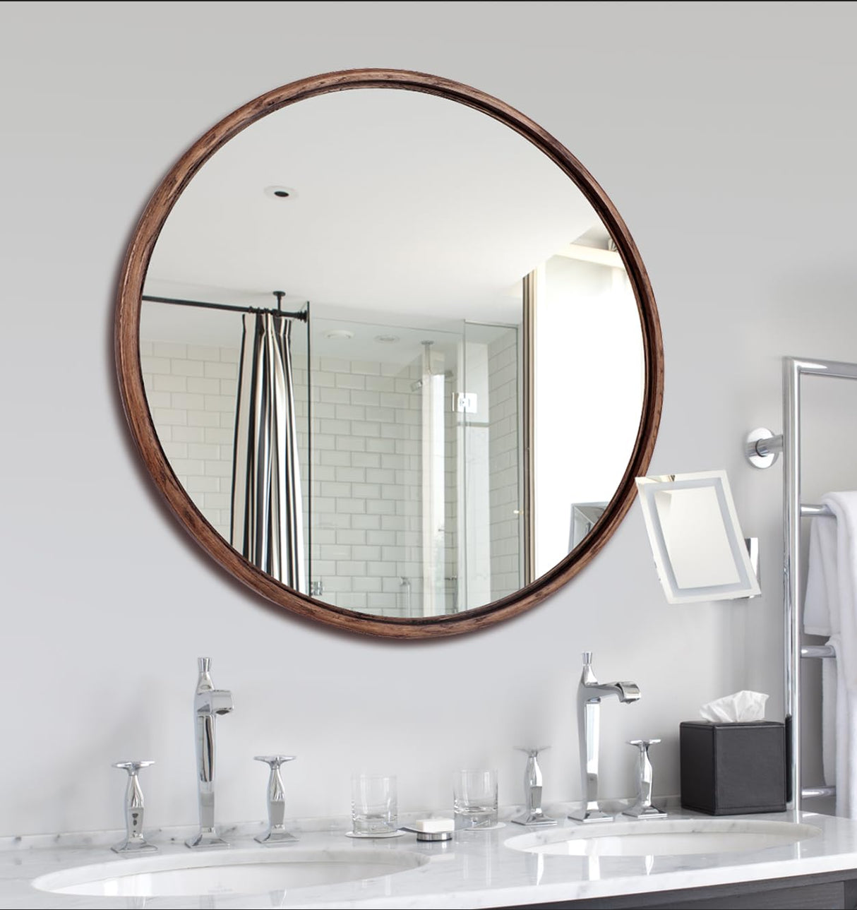 EssOAKence Round Solid Oak Wood Mirror, 24x24 Inch Medium Size, Walnut Frame, Modern Decorative Wall Makeup Mirror for Bathroom, Bedroom, Living Room(Walnut, 24" x 24") EssOAKence