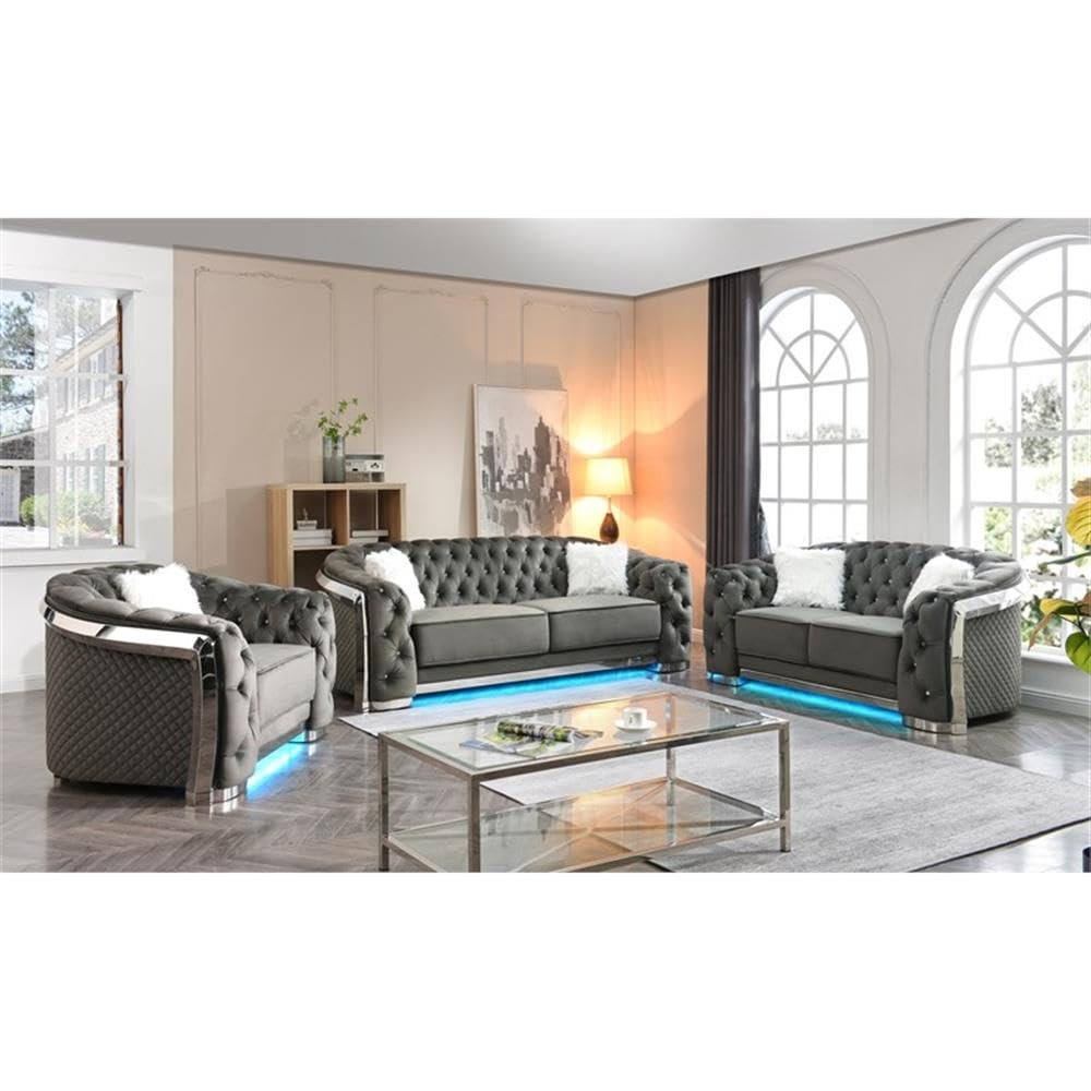 Glory Sapphire Gray Velvet Sofa with LED Accent Lighting Glory Furniture