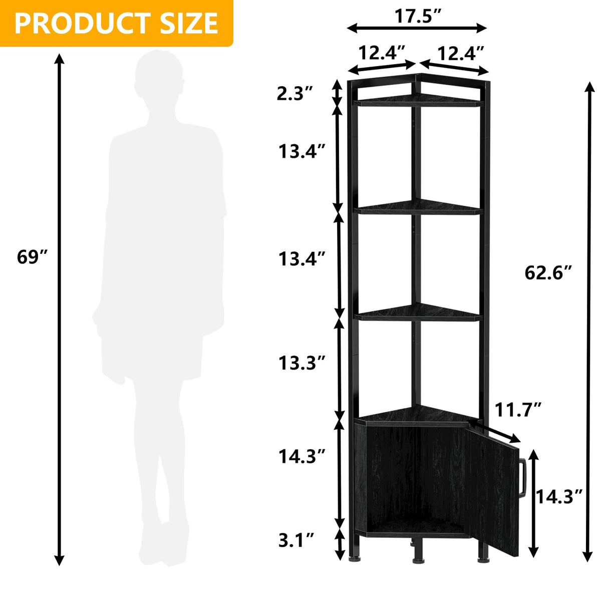 Furnulem Corner Shelf,5-Tier Corner Cabinet with Storage and LED Light, 62.8” Standing Display Bookshelf for Bedroom, Living Room, Kitchen, Wood Display Shelf (Black Oak) Furnulem