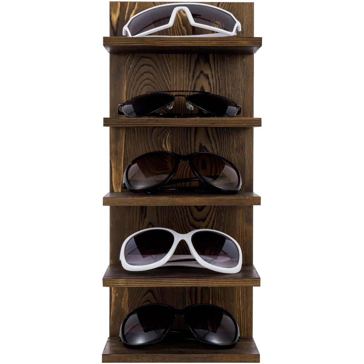 MyGift 5 Tier Rustic Burnt Solid Wood Sunglasses Holder Rack, Wall Mounted Eye Glasses Shelf or Tabletop Display Stand, Retail Eyewear Showcase Storage Organizer MyGift