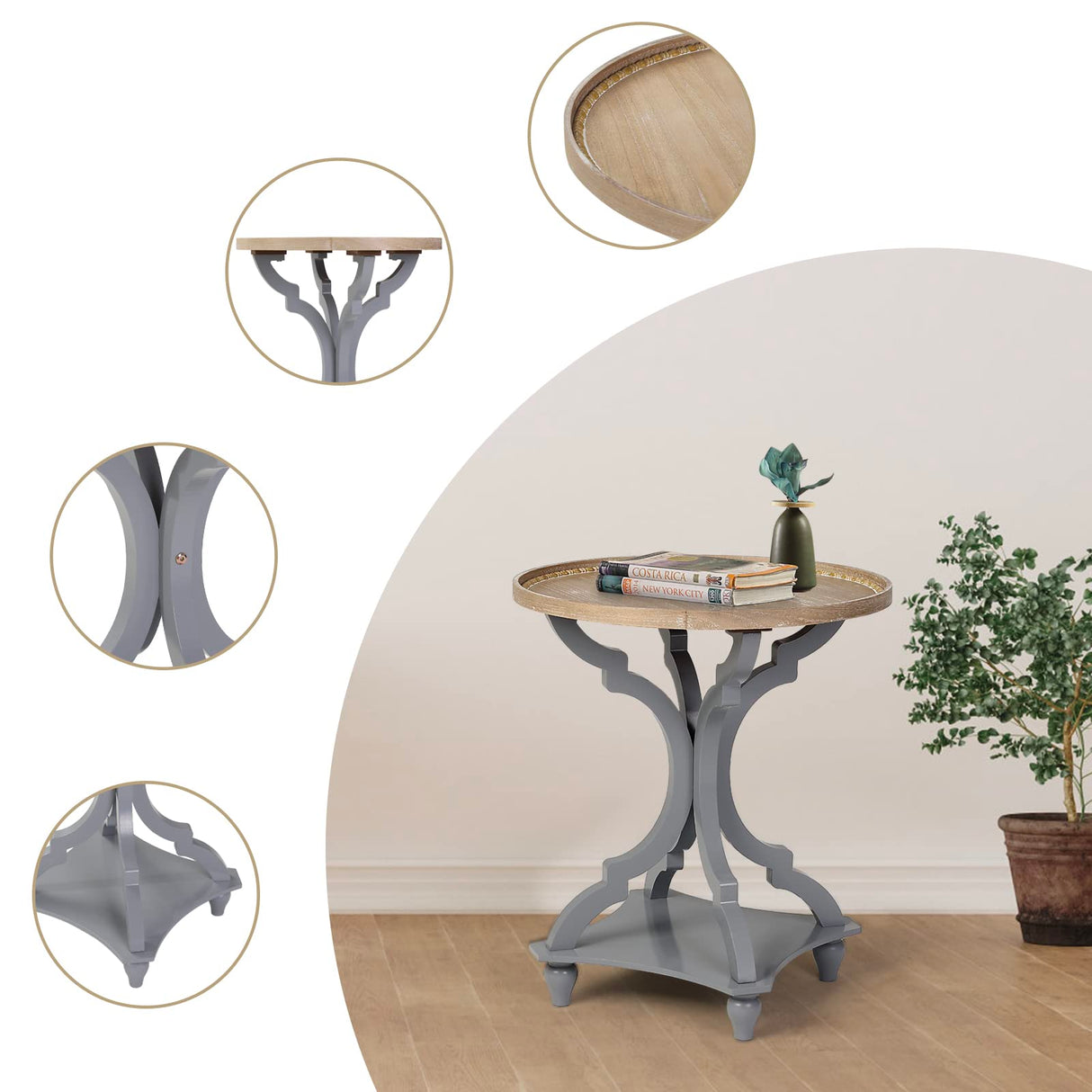 Wnutrees Farmhouse Round Accent End Table, Rustic Side Table Nightstands for Living Room Bedroom, Wood Tray Top, Handcrafted Finish, Set of 2, Grey Wnutrees