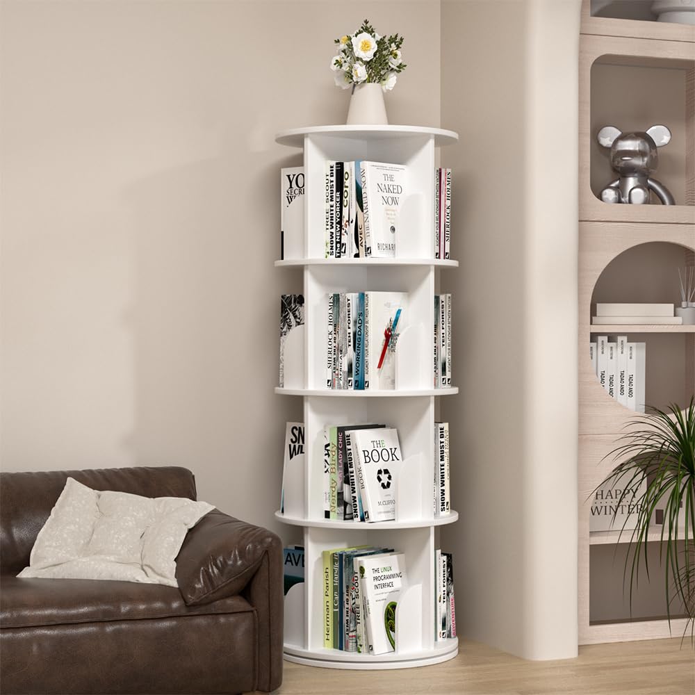Nidouillet Rotating Bookshelf, Revolving Bookcase 360 Display Round Bookshelf Narrow Swivel Corner Book Shelf Standing Bookcase for Adult Bedroom, Living Room (White, 4 Tier-15.7" W) Nidouillet