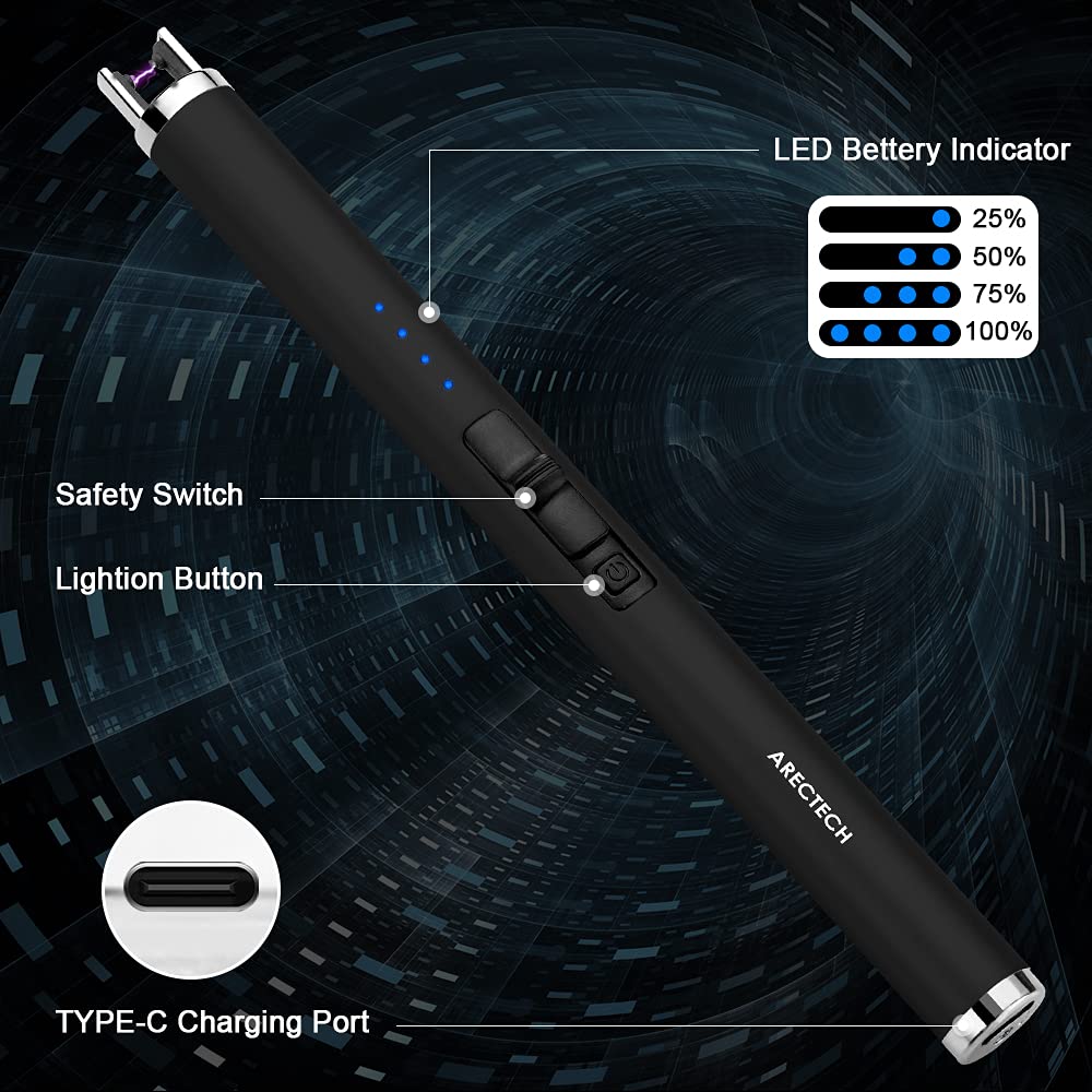 ARECTECH Rechargeable Electric Candle Lighter Arc Plasma Windproof Lighter for Candle Kitchen Birthday Gift for Mom Men Wife with Type-C Cable Black ARECTECH