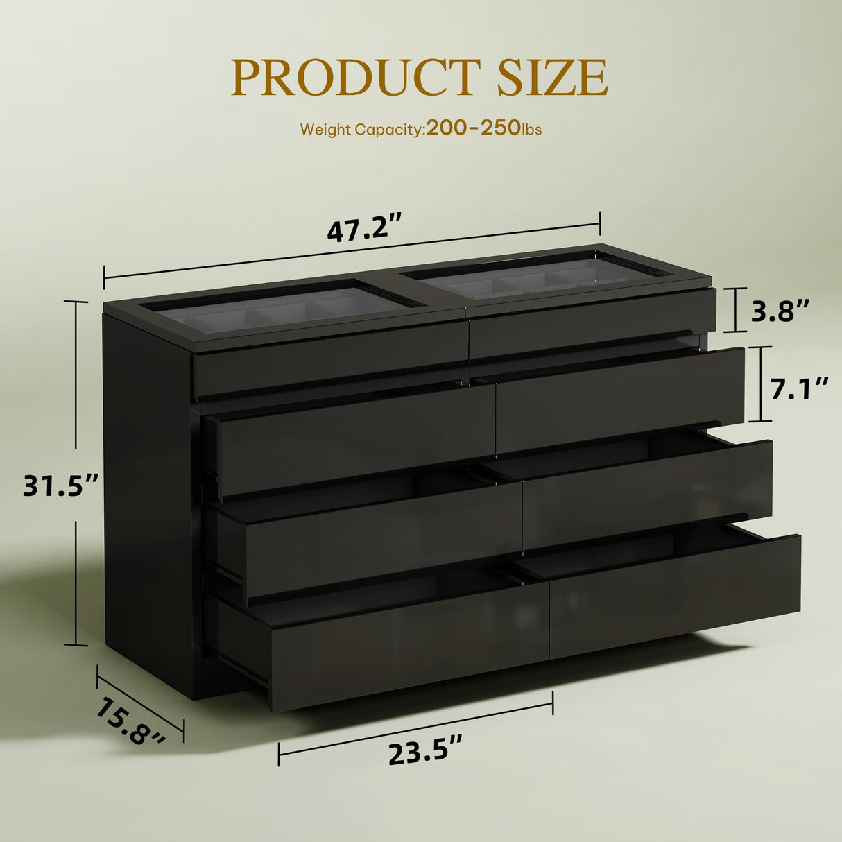 YITAHOME 8 Drawer Dresser with LED, Black Dresser, Modern 8 Chest of Drawers with Deep Drawers Glass Top High Gloss Surface, Storage Organizer Cabinet for Living Room YITAHOME