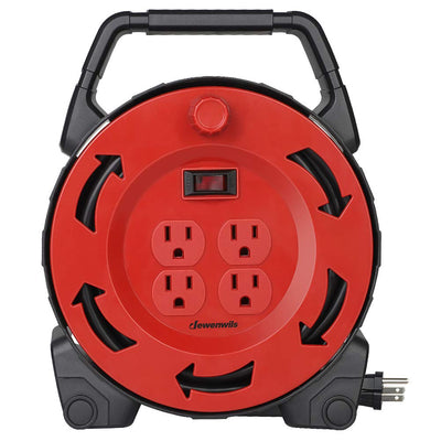 DEWENWILS Extension Cord Reel with 30 FT Power Cord, Hand Wind Retractable, 16/3 AWG SJTW, 4 Grounded Outlets, 13 Amp Circuit Breaker, Red Black, UL Listed